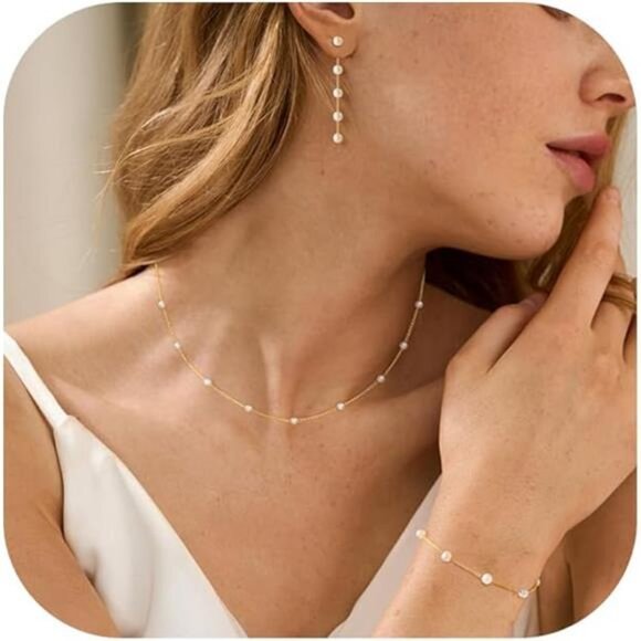 Gold Jewelry Set ,Dainty 14K Gold/Silver Plated Pearl Necklace and Earring Set - Picture 1 of 5